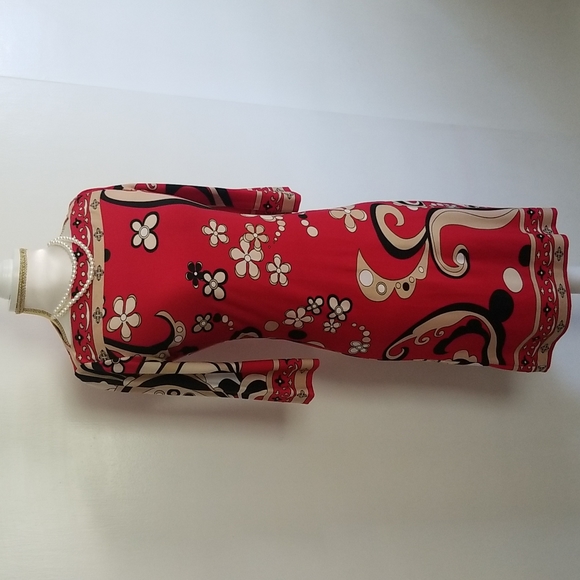 City Triangles Red Floral Paisley Print Boat Neck 3/4 Length Sleeve Dress - Picture 5 of 12